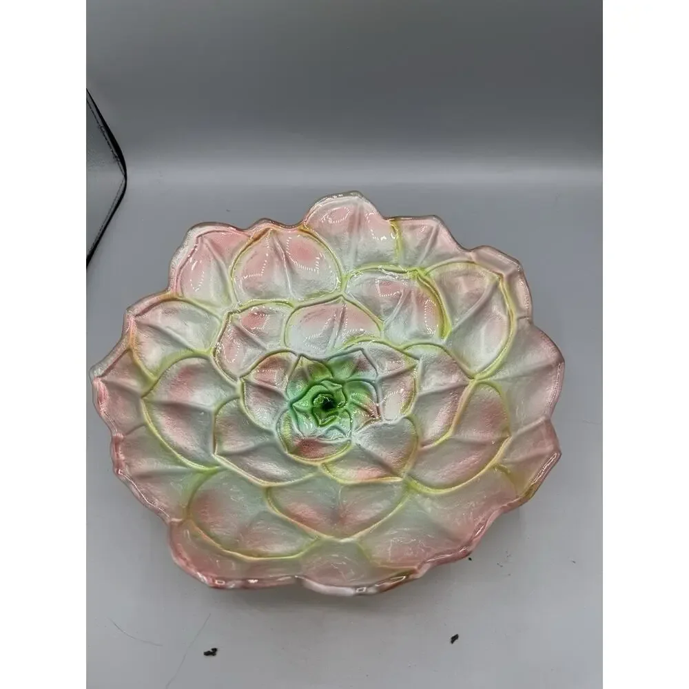 Vintage Frosted Glass Lotus Flower Bowl Pink Green Satin Art Glass